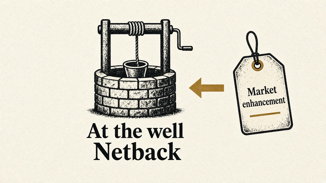 At-the-well netback stays put. A market-enhancement tag does not move it.