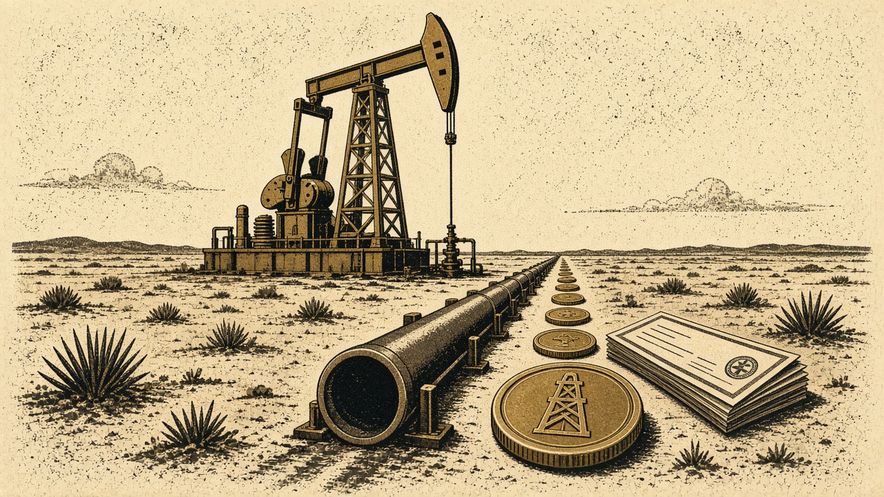 Coins shrink along a pipeline back toward the well.