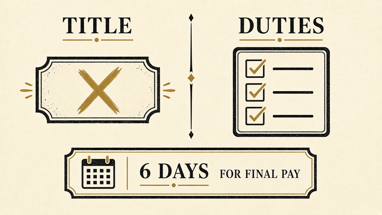 The title is not the test. Duties are. Final pay has a six-day clock.