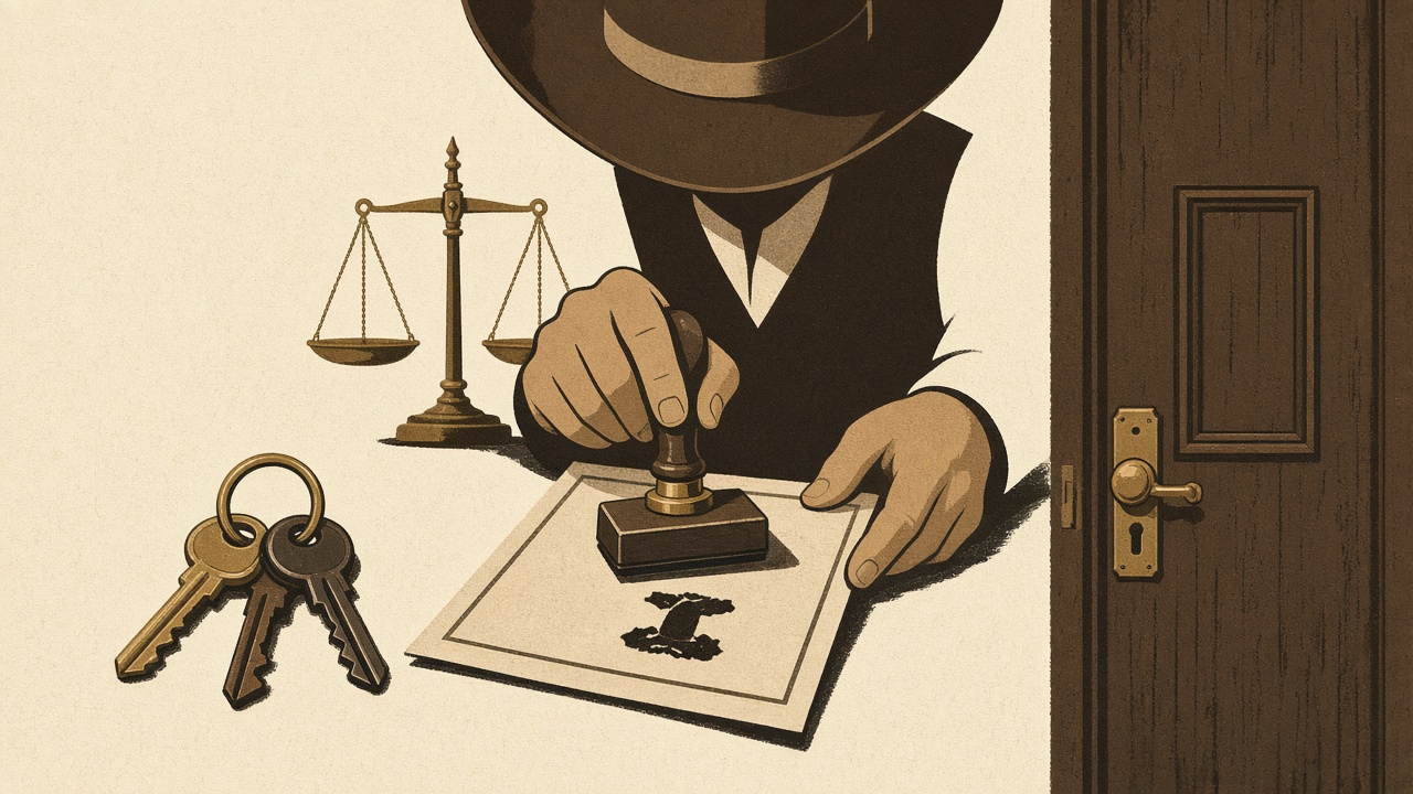 A clerk stamps a possession order beside a set of keys and a door.