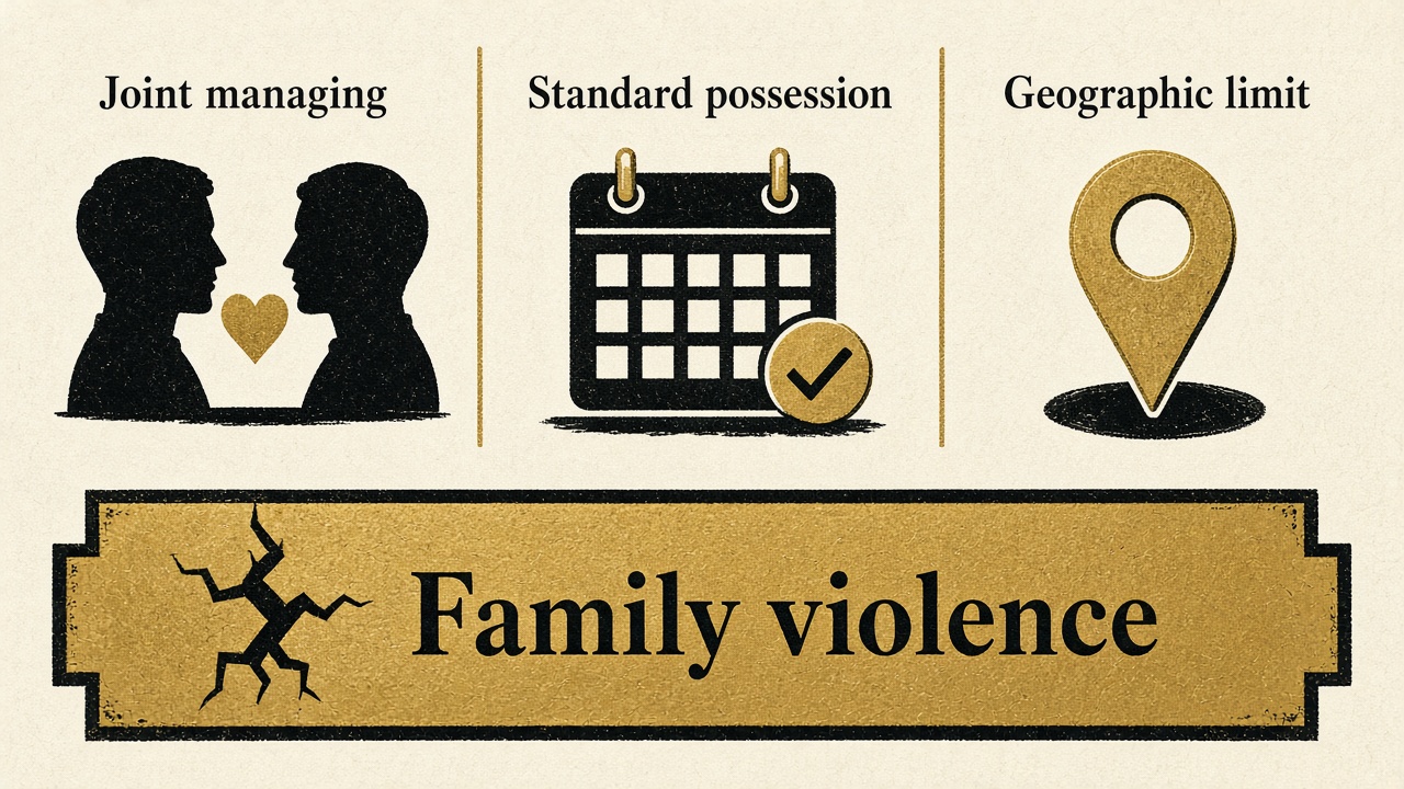 Joint managing, standard possession, and a geographic limit, until family violence.