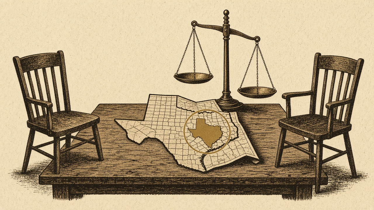 Two chairs, a tipped scale, and a circle on a Texas map.