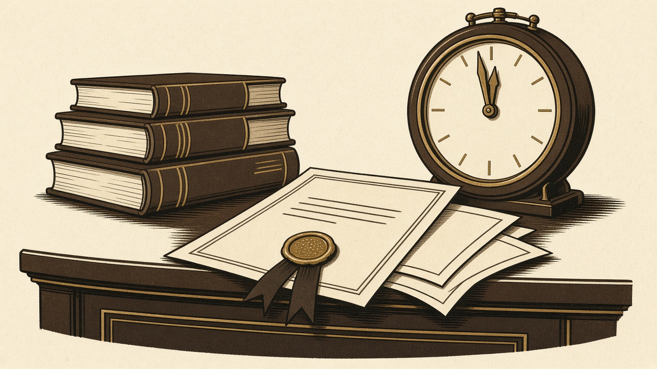 Ledgers, a sealed affidavit, and a clock at the filing desk.